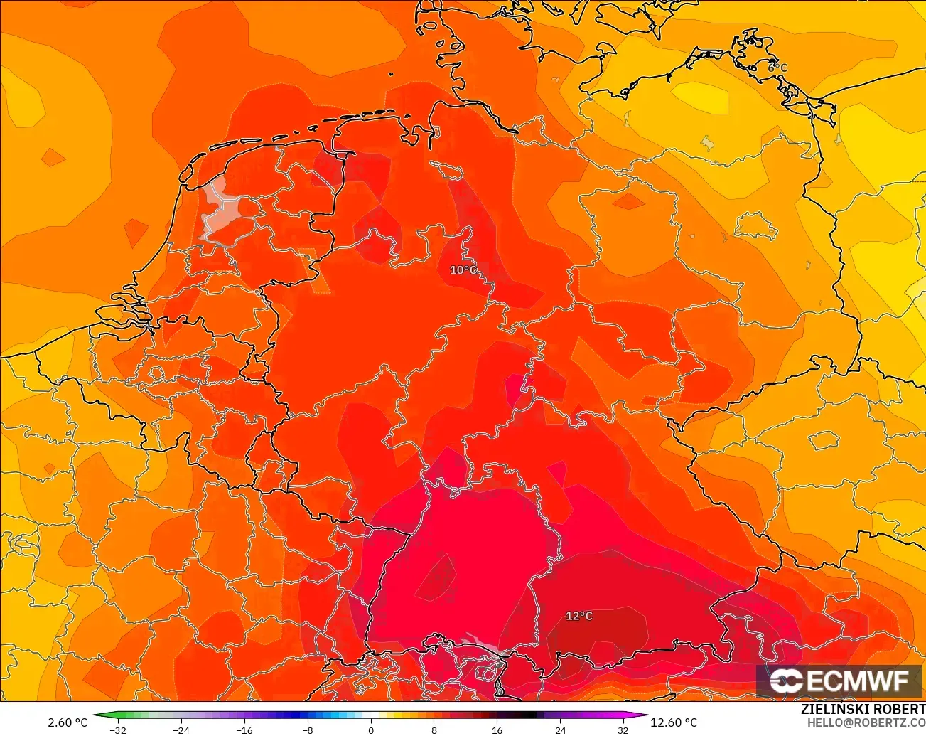 ECMWF IFS 0.25° model - Germany, Temperature at 850hPa Anomaly