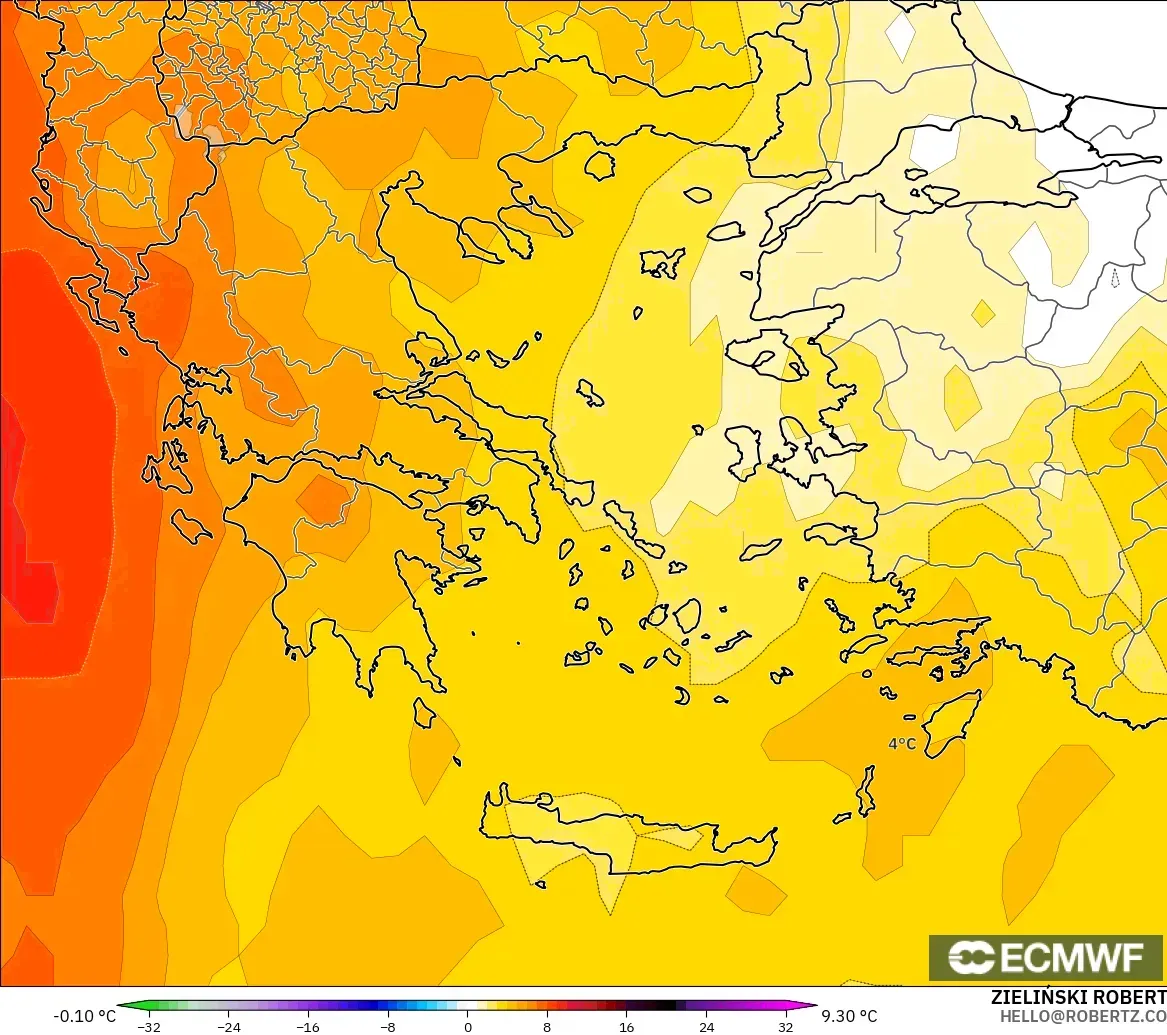 ECMWF IFS 0.25° model - Greece, Temperature at 850hPa Anomaly