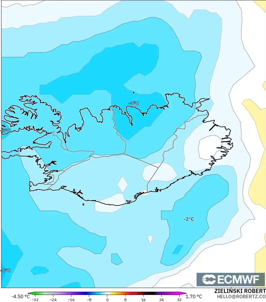 ECMWF IFS 0.25° model - Iceland, Temperature at 850hPa Anomaly