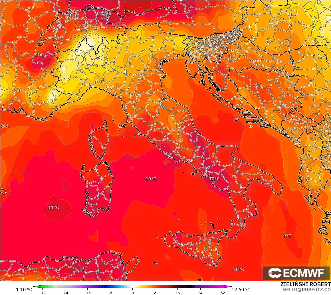 ECMWF IFS 0.25° model - Italy, Temperature at 850hPa Anomaly