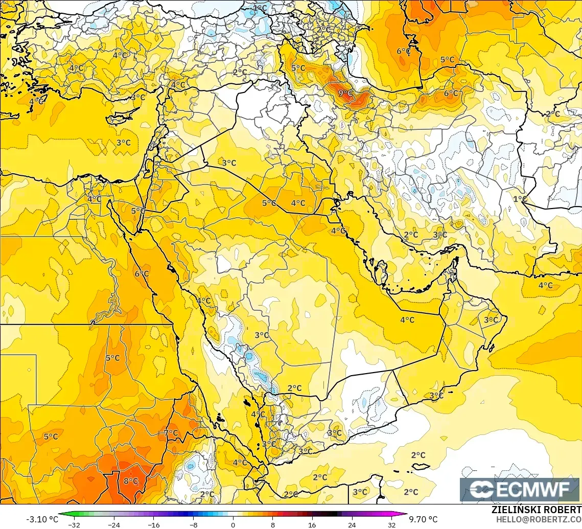 ECMWF IFS 0.25° model - Middle East, Temperature at 850hPa Anomaly