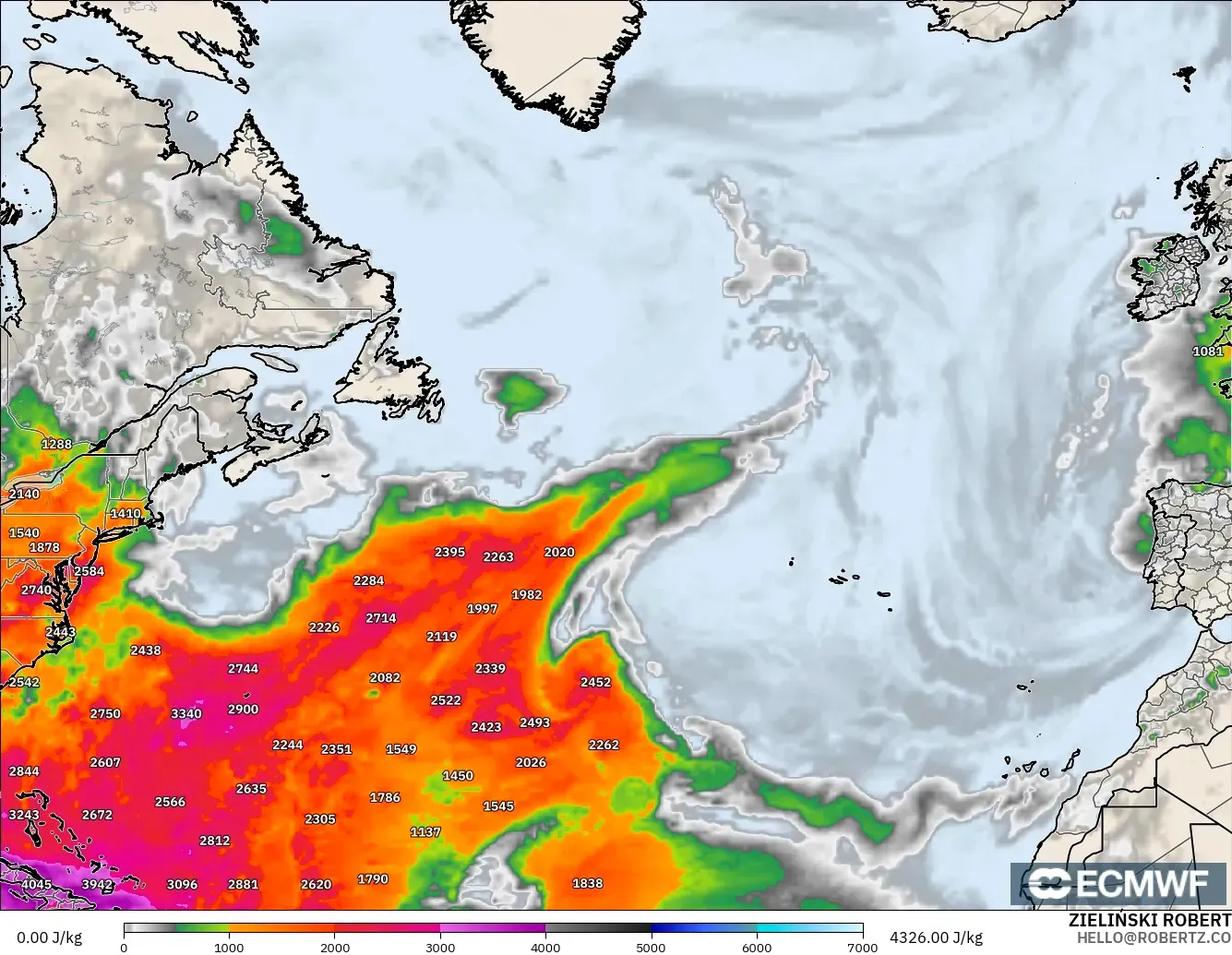 ECMWF IFS 0.25° model - North Atlantic, CAPE