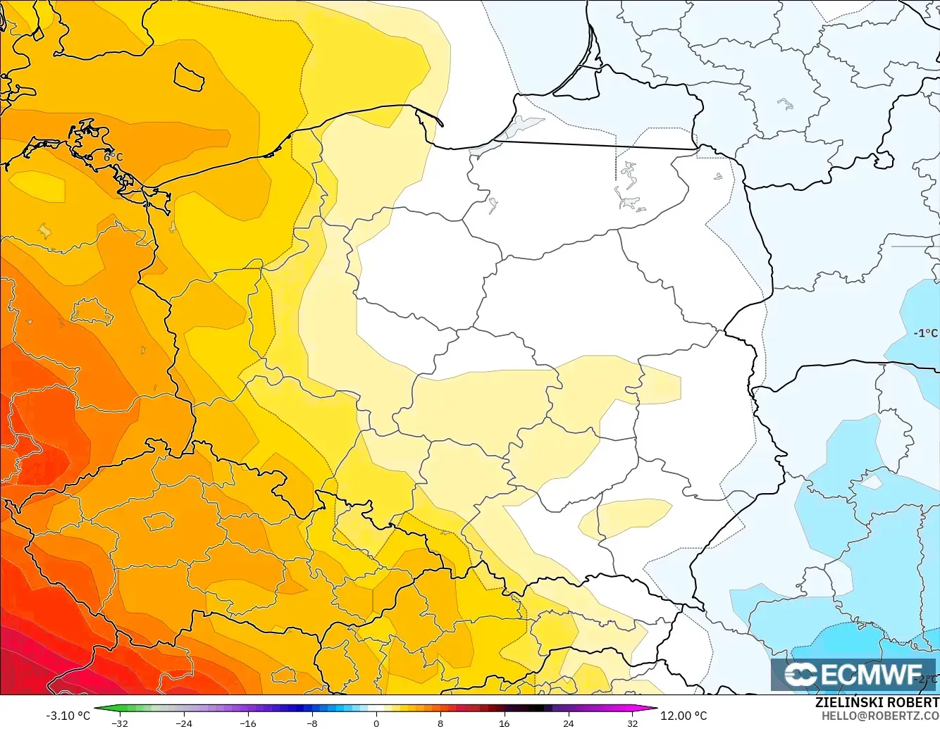 ECMWF IFS 0.25° model - Poland, Temperature at 850hPa Anomaly