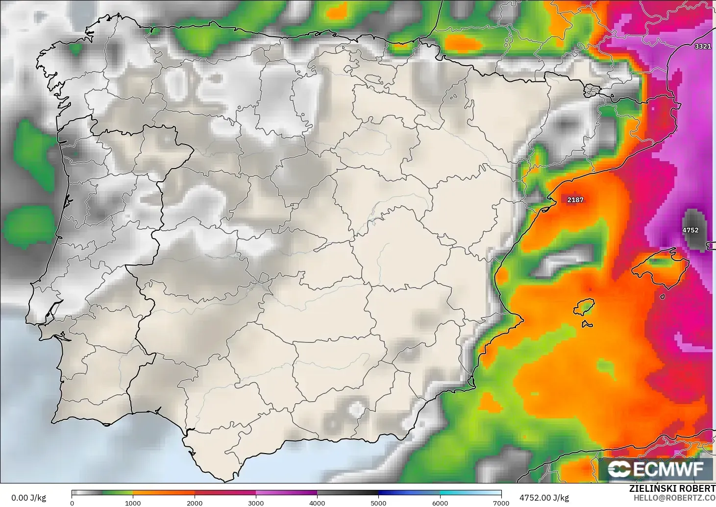 ECMWF IFS 0.25° model - Spain, CAPE