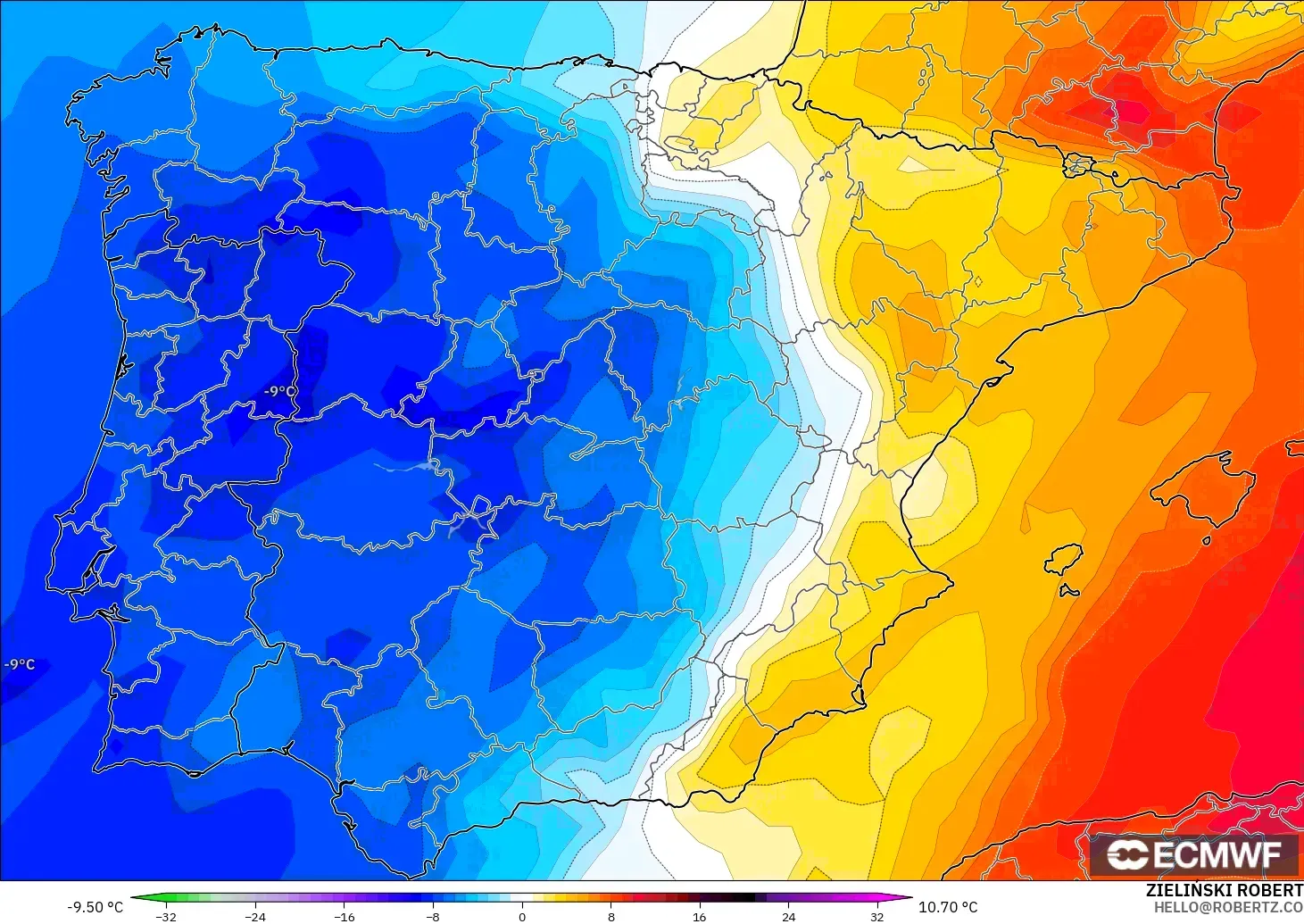 ECMWF IFS 0.25° model - Spain, Temperature at 850hPa Anomaly