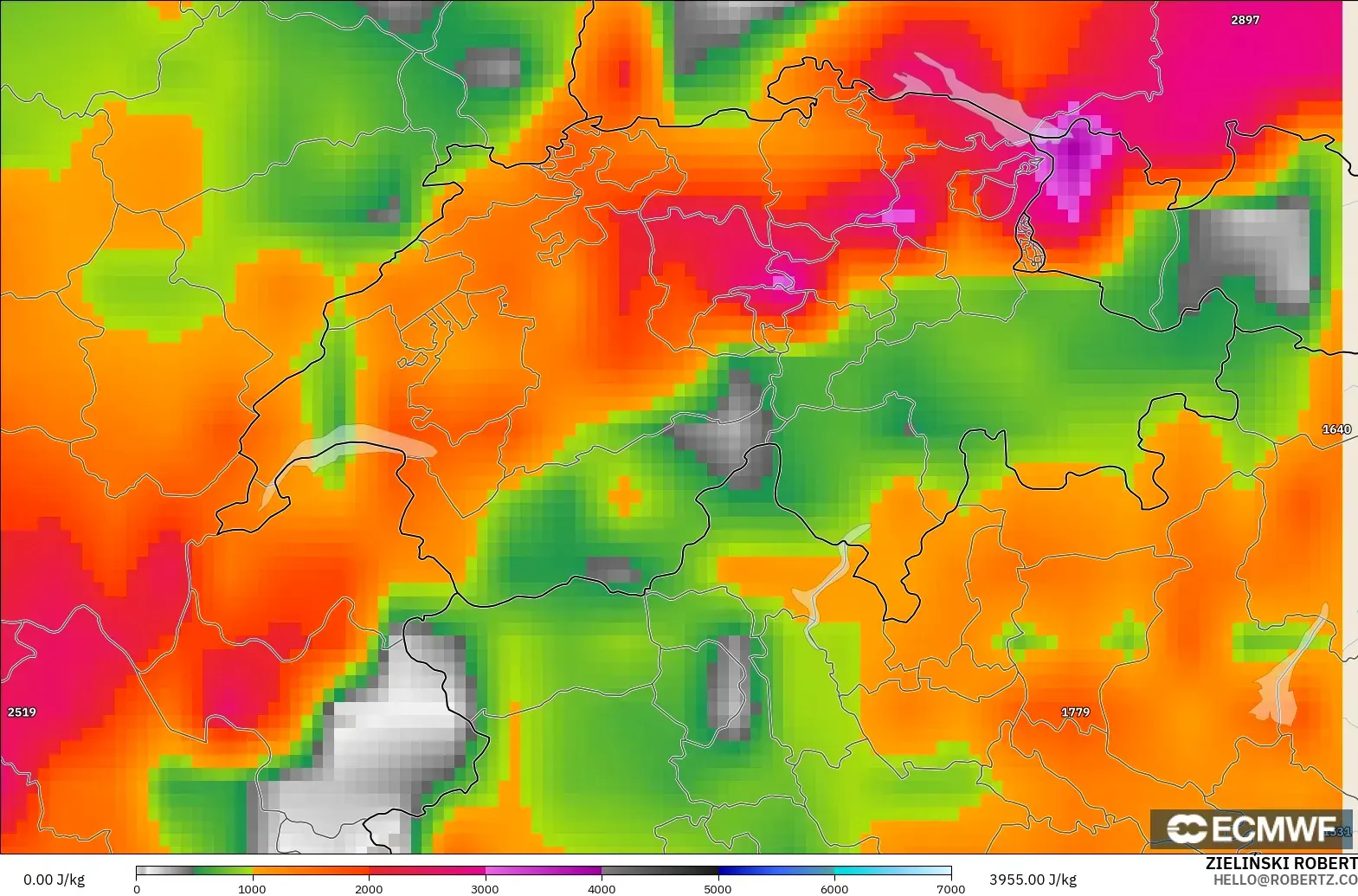 ECMWF IFS 0.25° model - Switzerland, CAPE