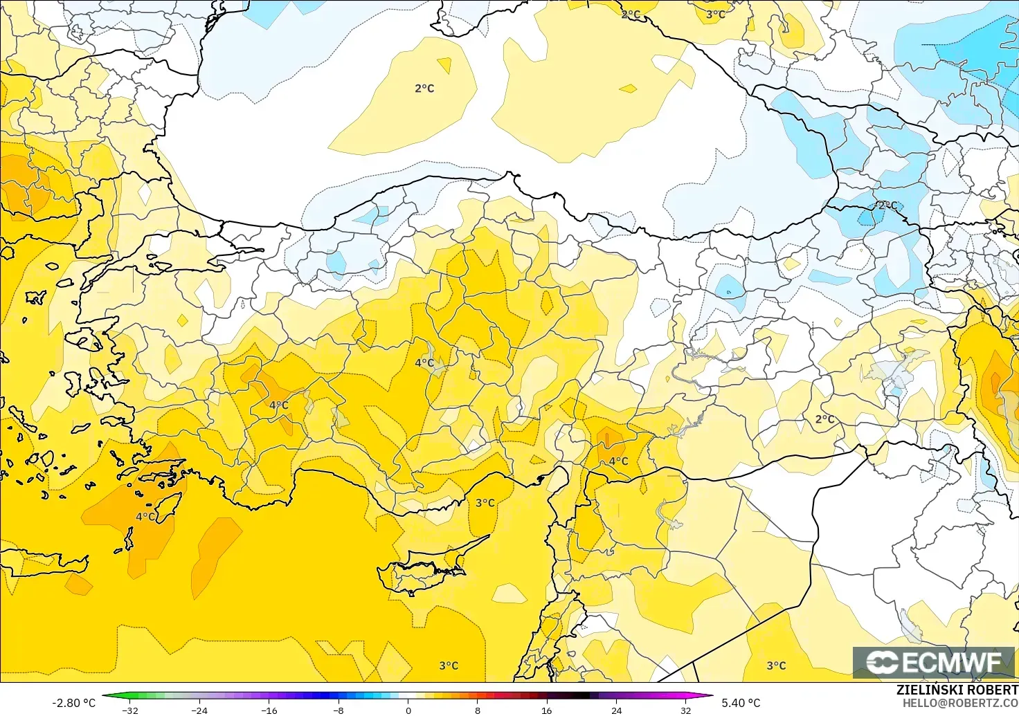 ECMWF IFS 0.25° model - Turkey, Temperature at 850hPa Anomaly