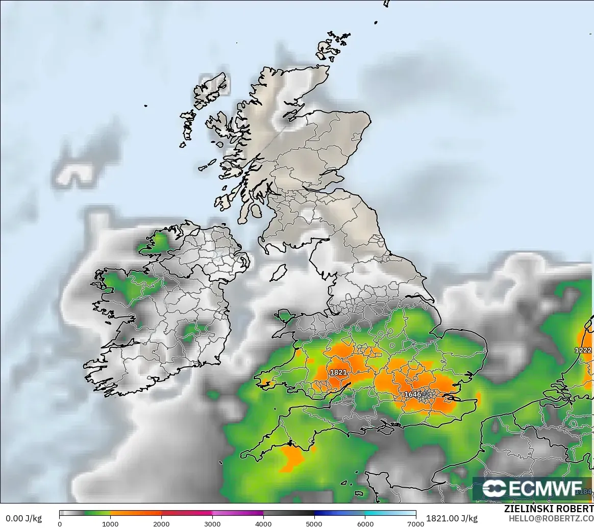 ECMWF IFS 0.25° model - United Kingdom, CAPE