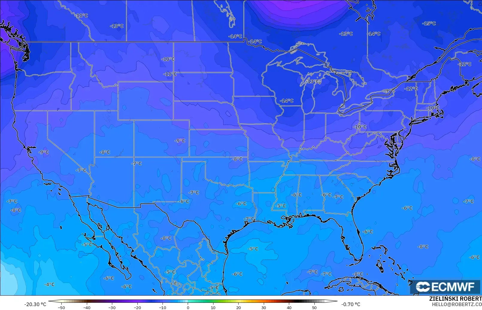 ECMWF IFS 0.25° model - United States, Temperature at 500hPa