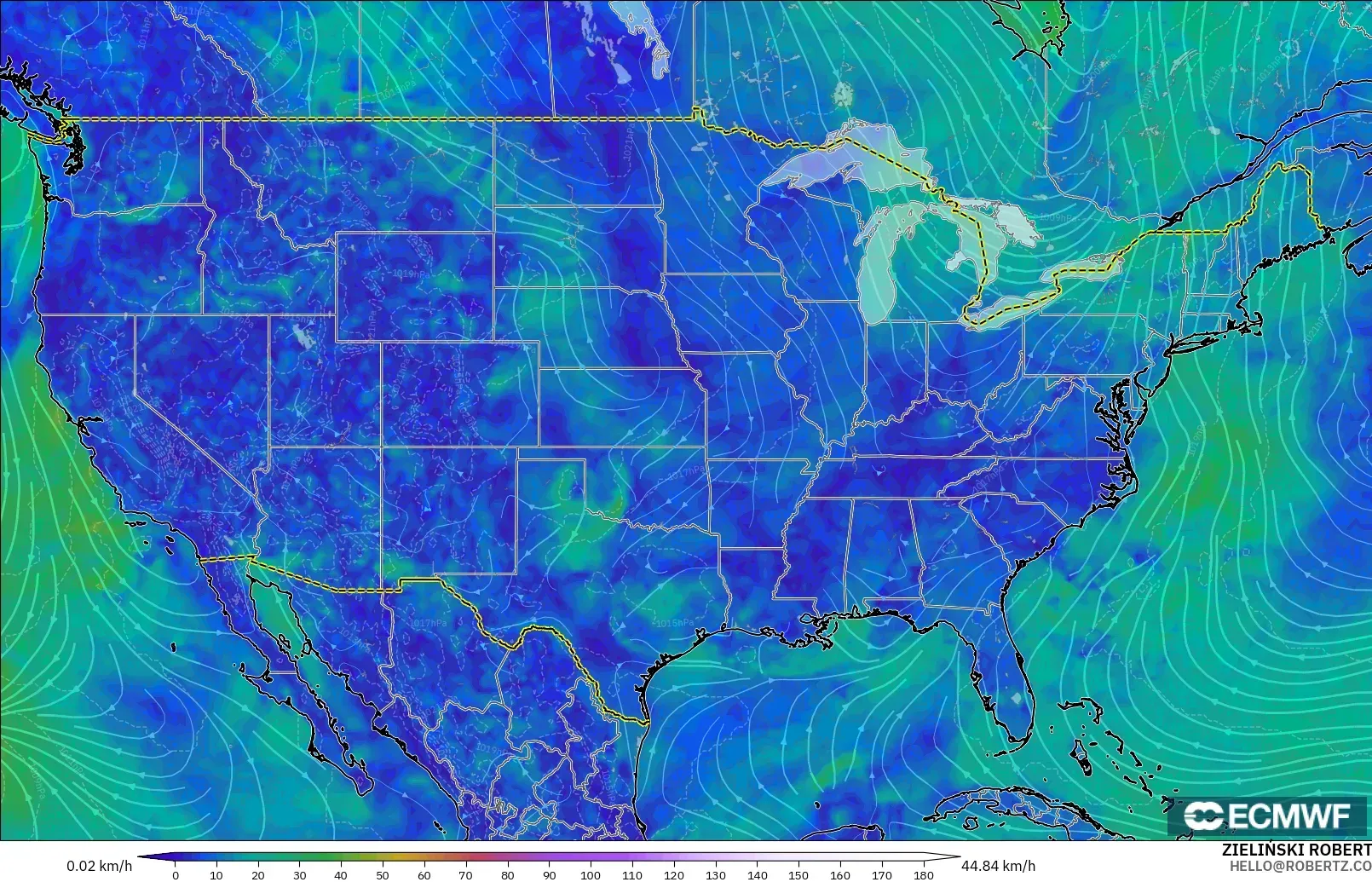 ECMWF IFS 0.25° model - United States, Wind at 10m