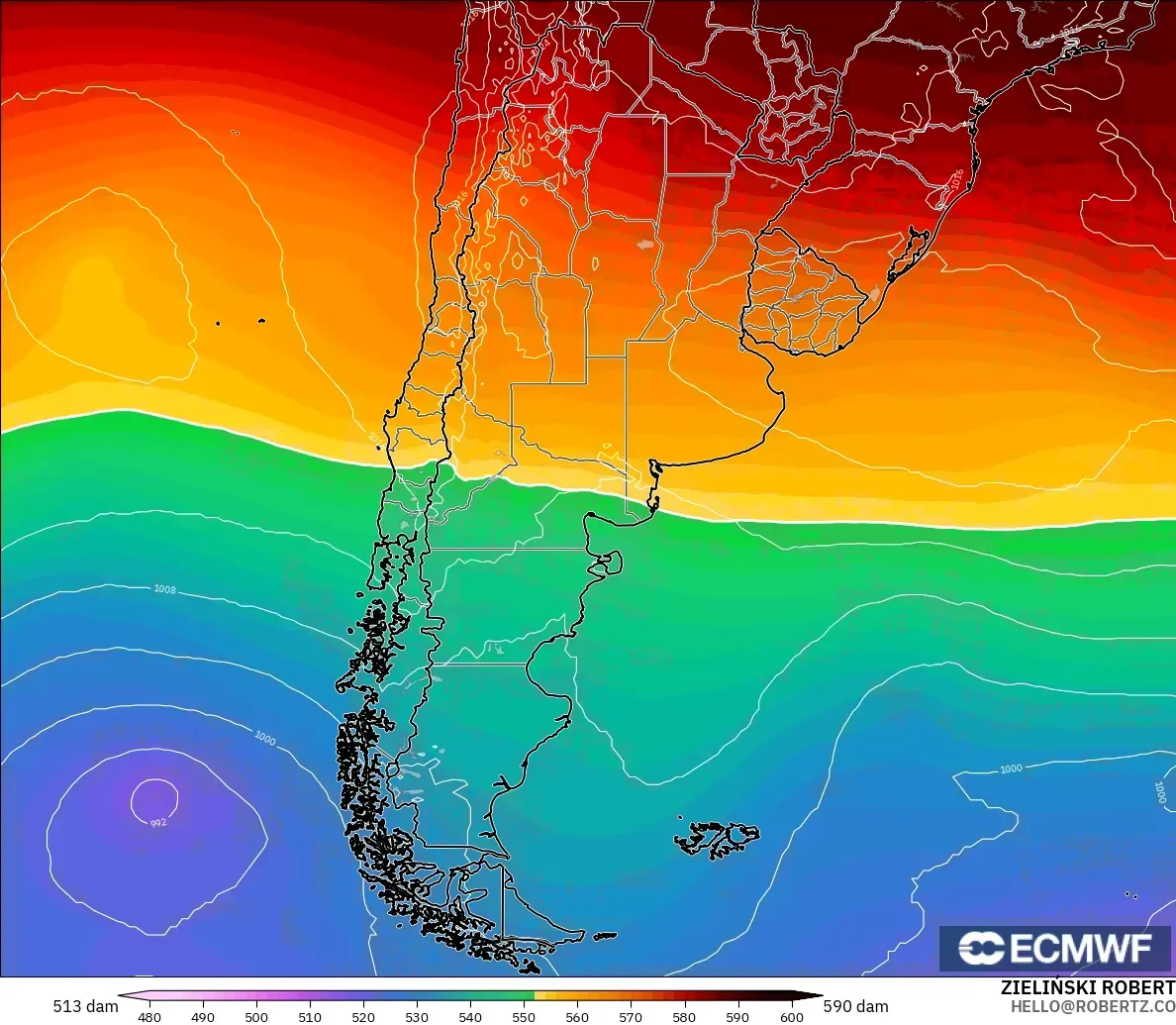 ECMWF IFS 0.25° model - Argentina, Geopotential height at 500hPa