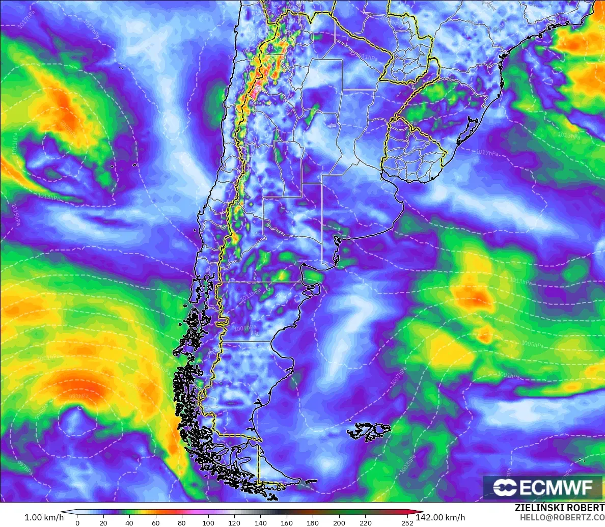 ECMWF IFS 0.25° model - Argentina, Wind Gusts Peak