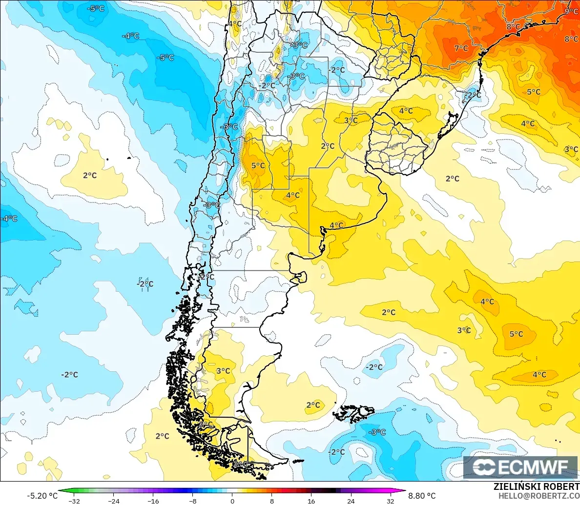 ECMWF IFS 0.25° model - Argentina, Temperature at 850hPa Anomaly