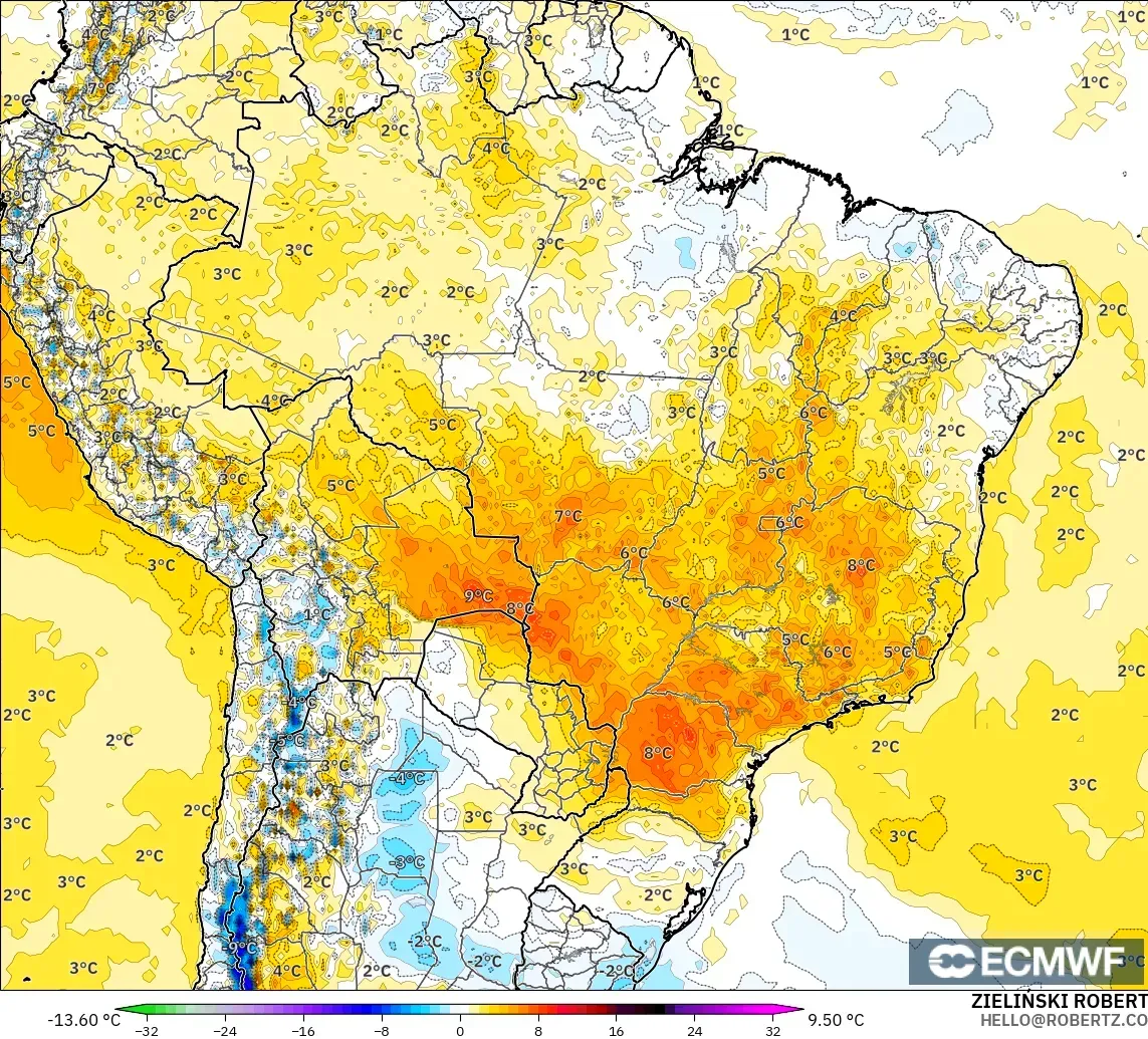 ECMWF IFS 0.25° model - Brazil, Temperature at 2m Anomaly