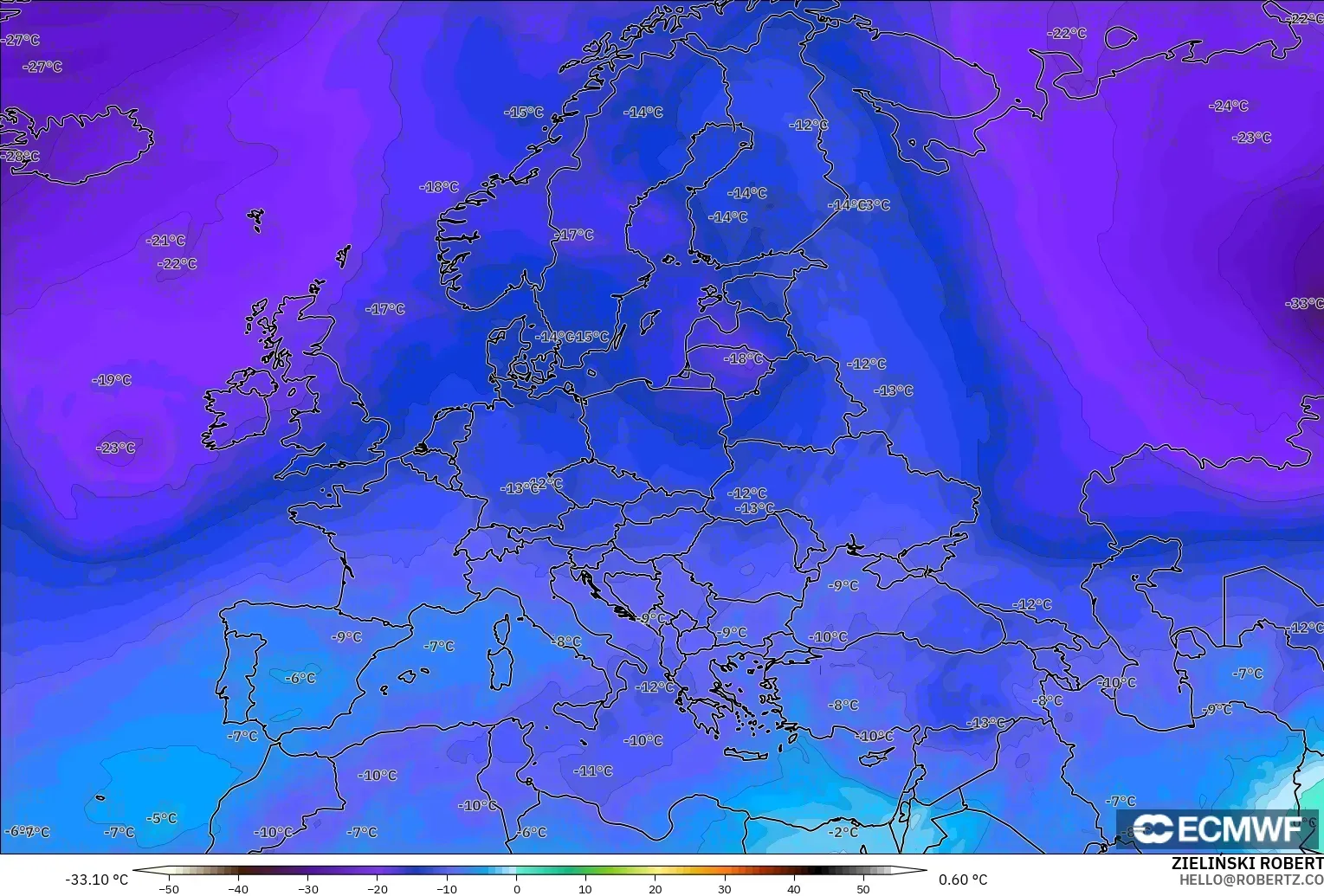 ECMWF IFS 0.25° model - Europe, Temperature at 500hPa
