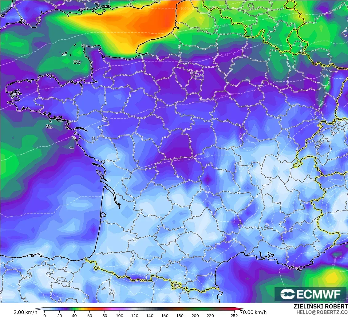 ECMWF IFS 0.25° model - France, Wind Gusts Peak
