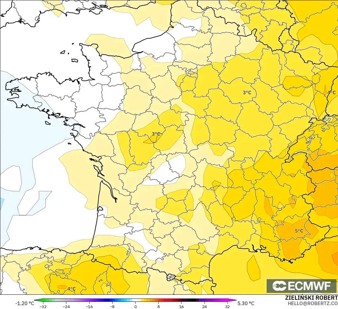 ECMWF IFS 0.25° model - France, Temperature at 850hPa Anomaly
