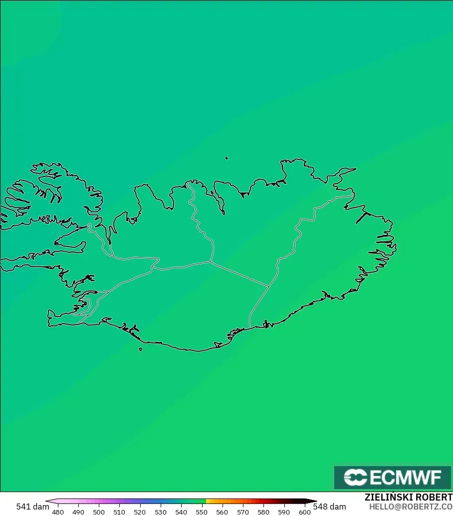ECMWF IFS 0.25° model - Iceland, Geopotential height at 500hPa