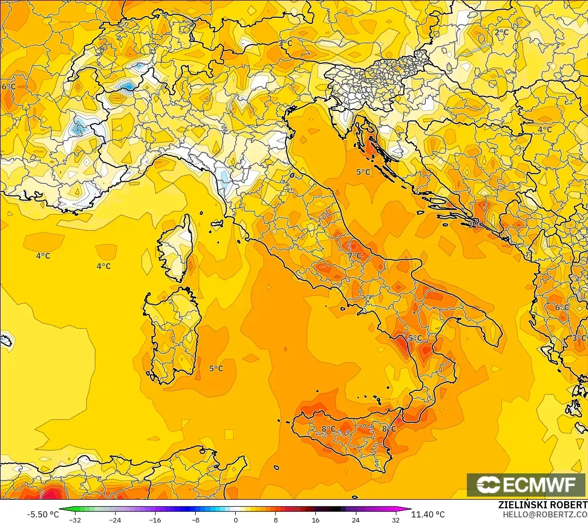 ECMWF IFS 0.25° model - Italy, Temperature at 2m Anomaly