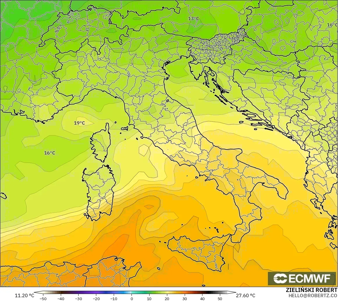 ECMWF IFS 0.25° model - Italy, Temperature at 850hPa