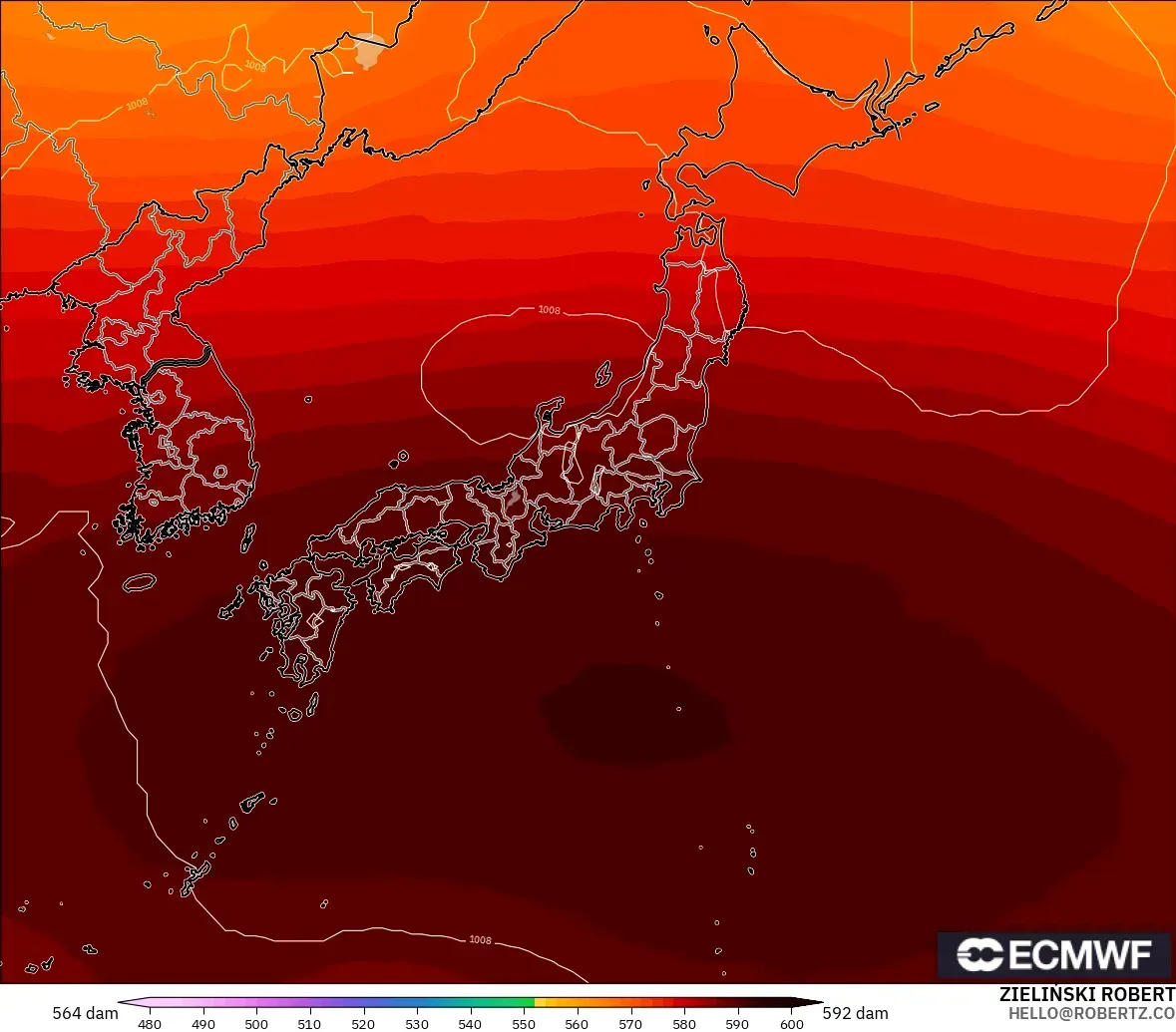 ECMWF IFS 0.25° model - Japan, Geopotential height at 500hPa