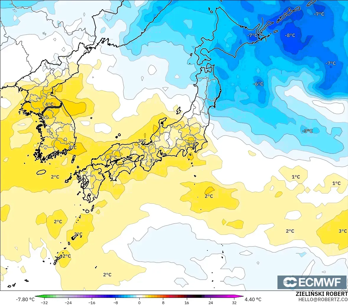 ECMWF IFS 0.25° model - Japan, Temperature at 850hPa Anomaly