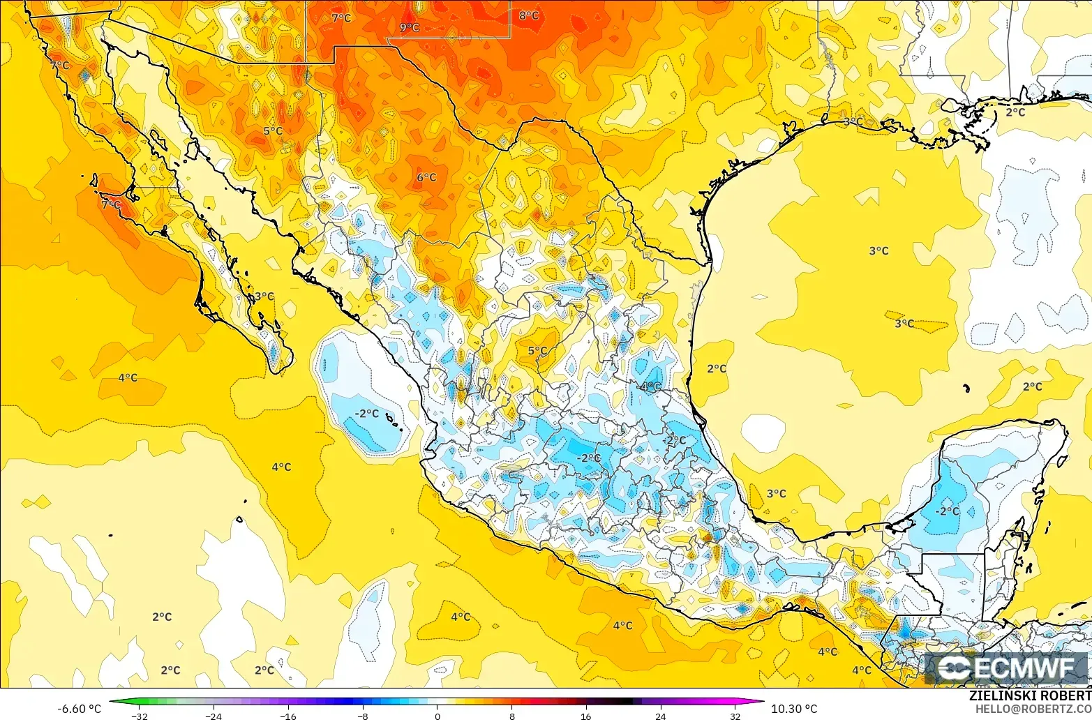 ECMWF IFS 0.25° model - Mexico, Temperature at 2m Anomaly