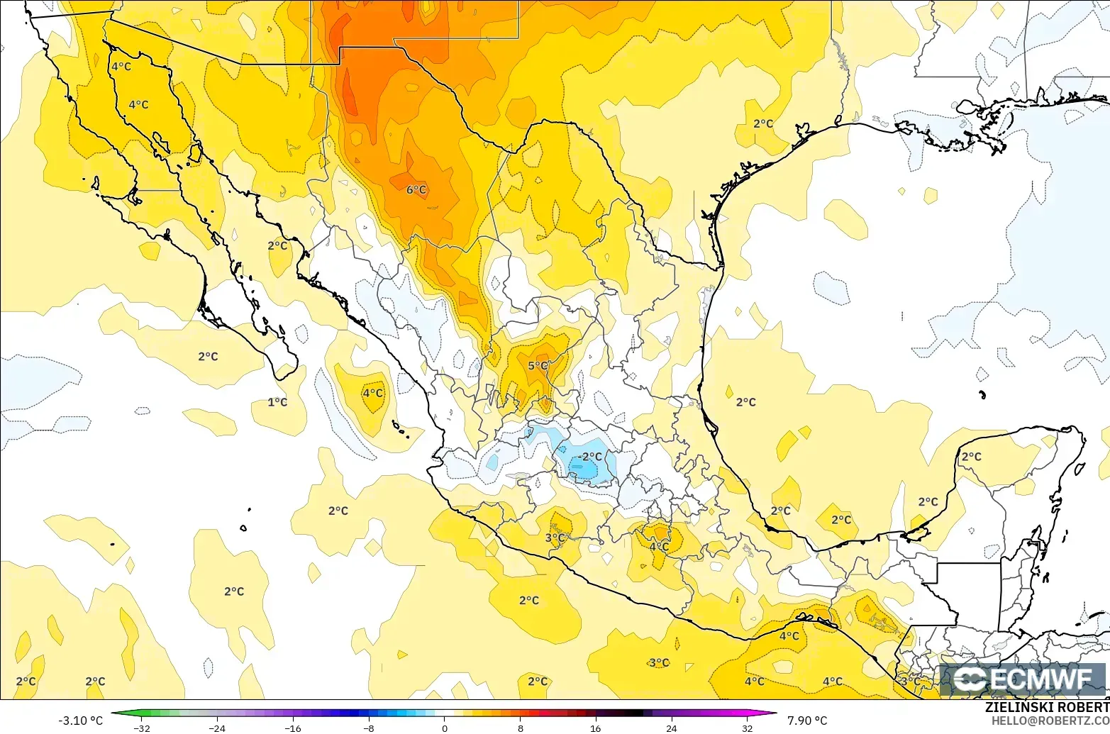 ECMWF IFS 0.25° model - Mexico, Temperature at 850hPa Anomaly