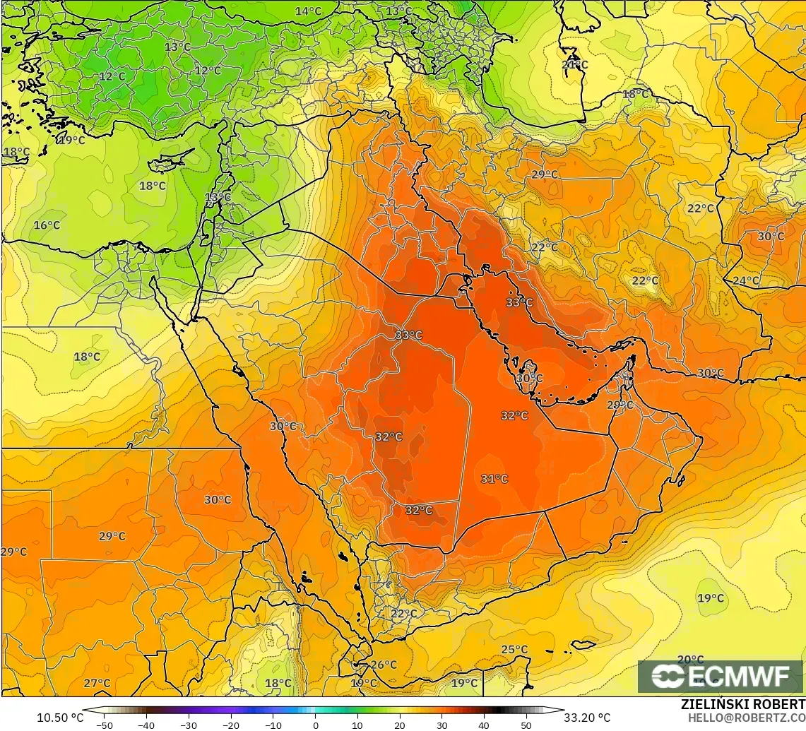 ECMWF IFS 0.25° model - Middle East, Temperature at 850hPa
