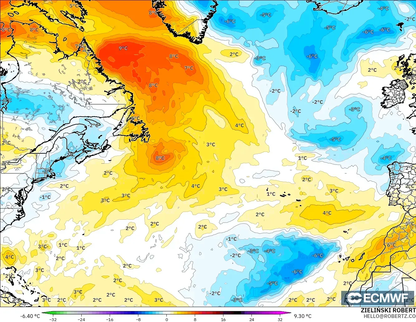 ECMWF IFS 0.25° model - North Atlantic, Temperature at 850hPa Anomaly