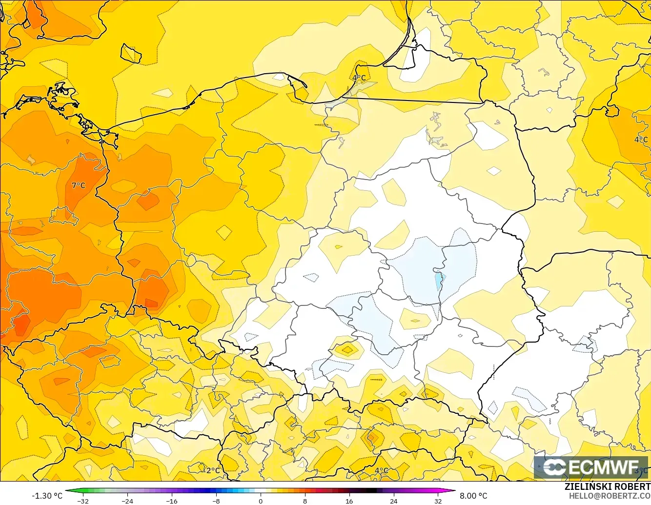 ECMWF IFS 0.25° model - Poland, Temperature at 2m Anomaly