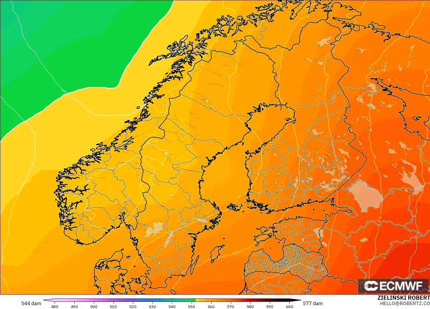 ECMWF IFS 0.25° model - Scandinavia, Geopotential height at 500hPa