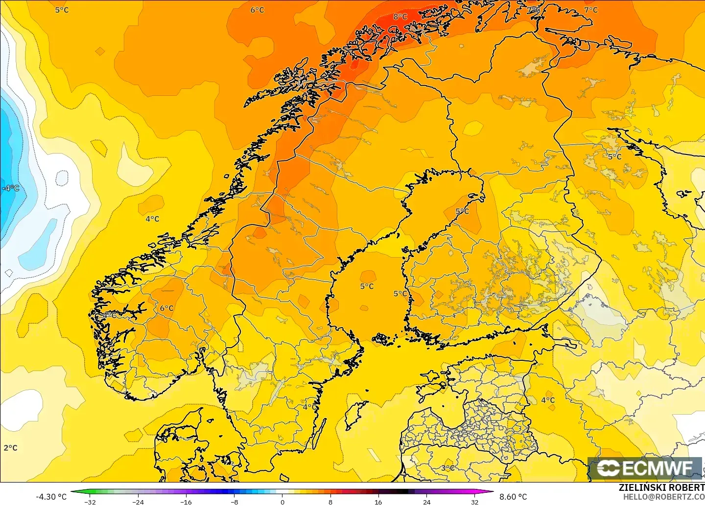 ECMWF IFS 0.25° model - Scandinavia, Temperature at 850hPa Anomaly
