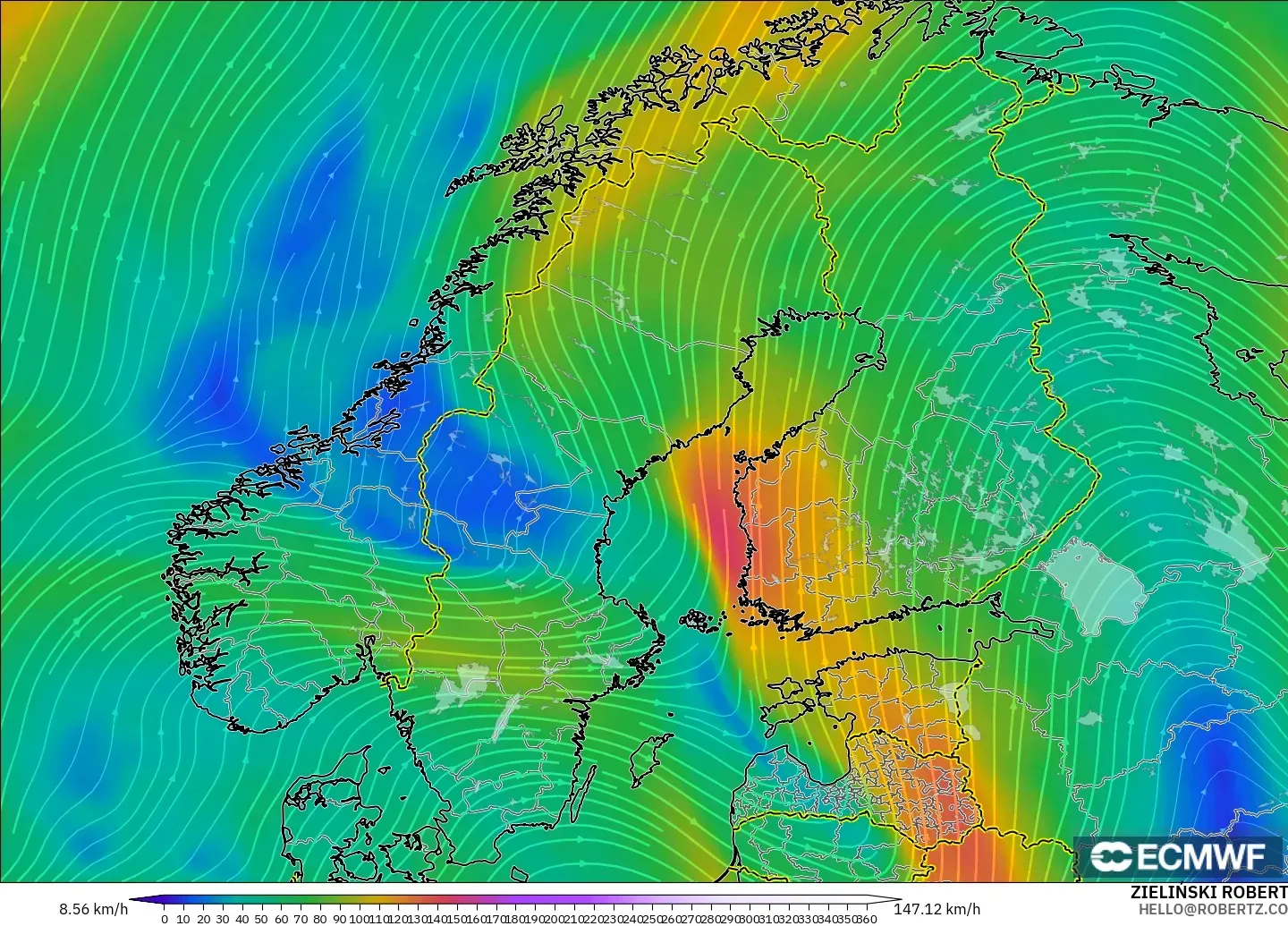 ECMWF IFS 0.25° model - Scandinavia, Wind at 300hPa (jet stream)