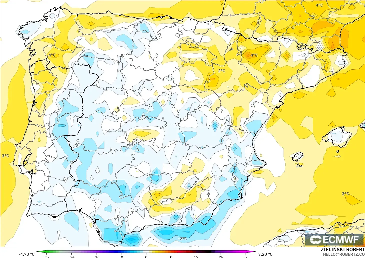ECMWF IFS 0.25° model - Spain, Temperature at 2m Anomaly