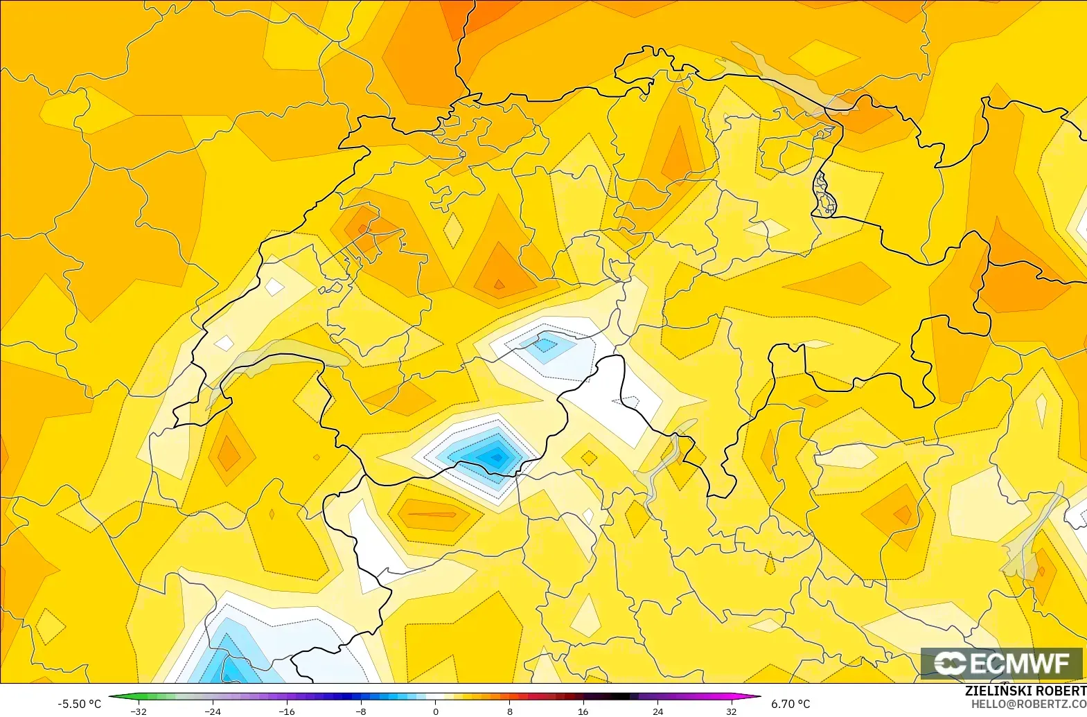 ECMWF IFS 0.25° model - Switzerland, Temperature at 2m Anomaly