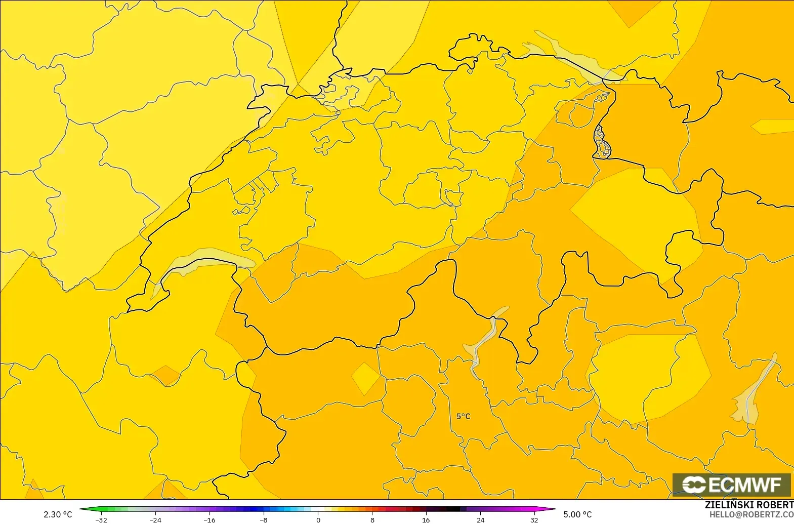 ECMWF IFS 0.25° model - Switzerland, Temperature at 850hPa Anomaly