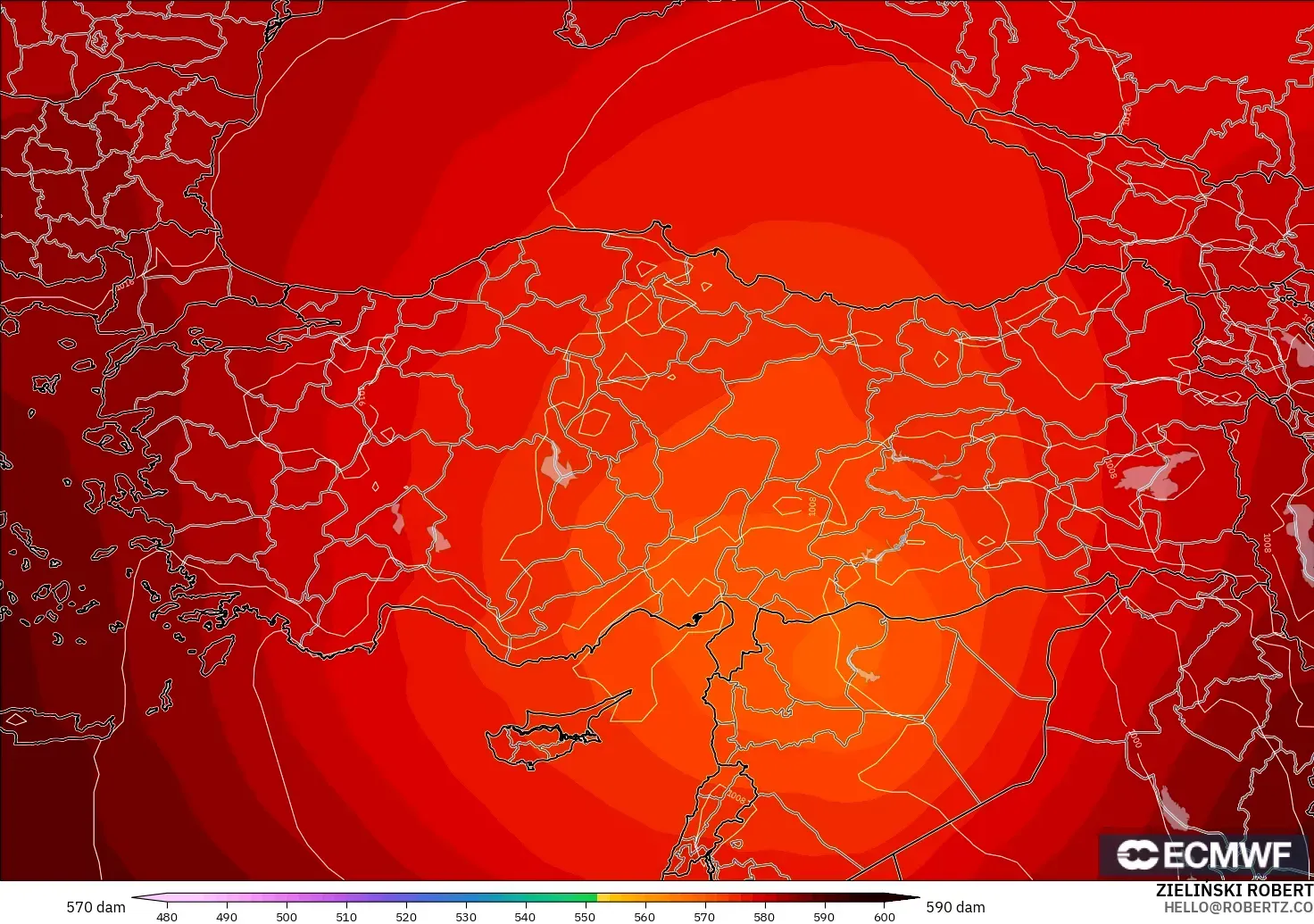 ECMWF IFS 0.25° model - Turkey, Geopotential height at 500hPa