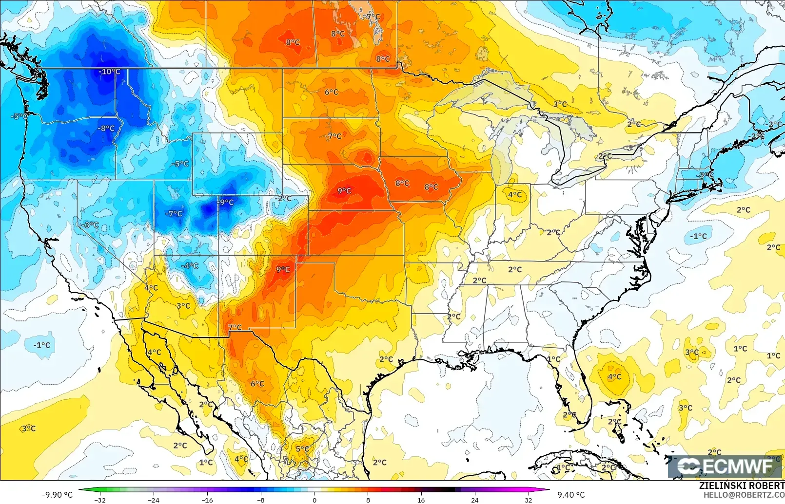 ECMWF IFS 0.25° model - United States, Temperature at 850hPa Anomaly