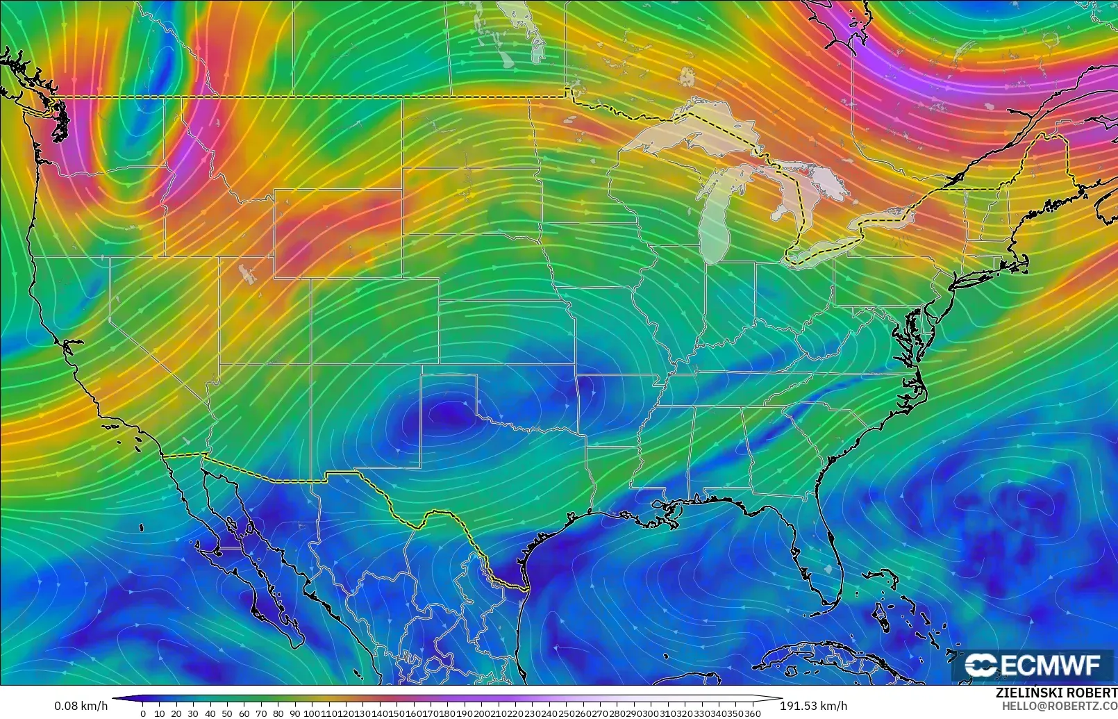 ECMWF IFS 0.25° model - United States, Wind at 300hPa (jet stream)