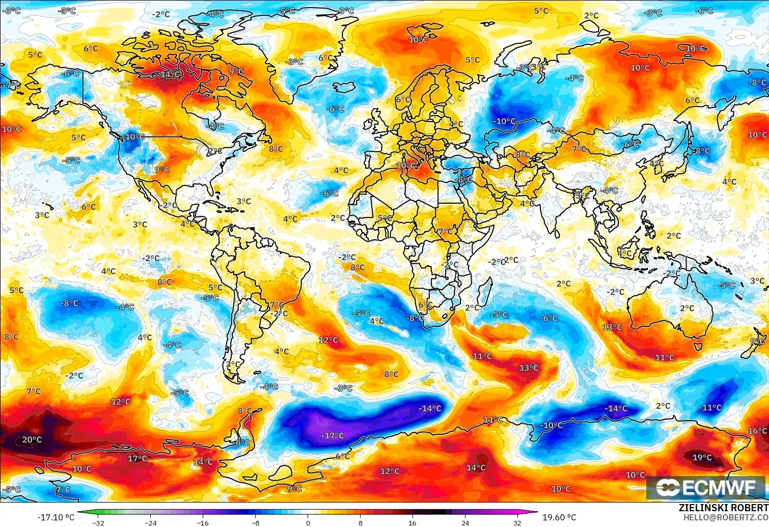 ECMWF IFS 0.25° model - World, Temperature at 850hPa Anomaly