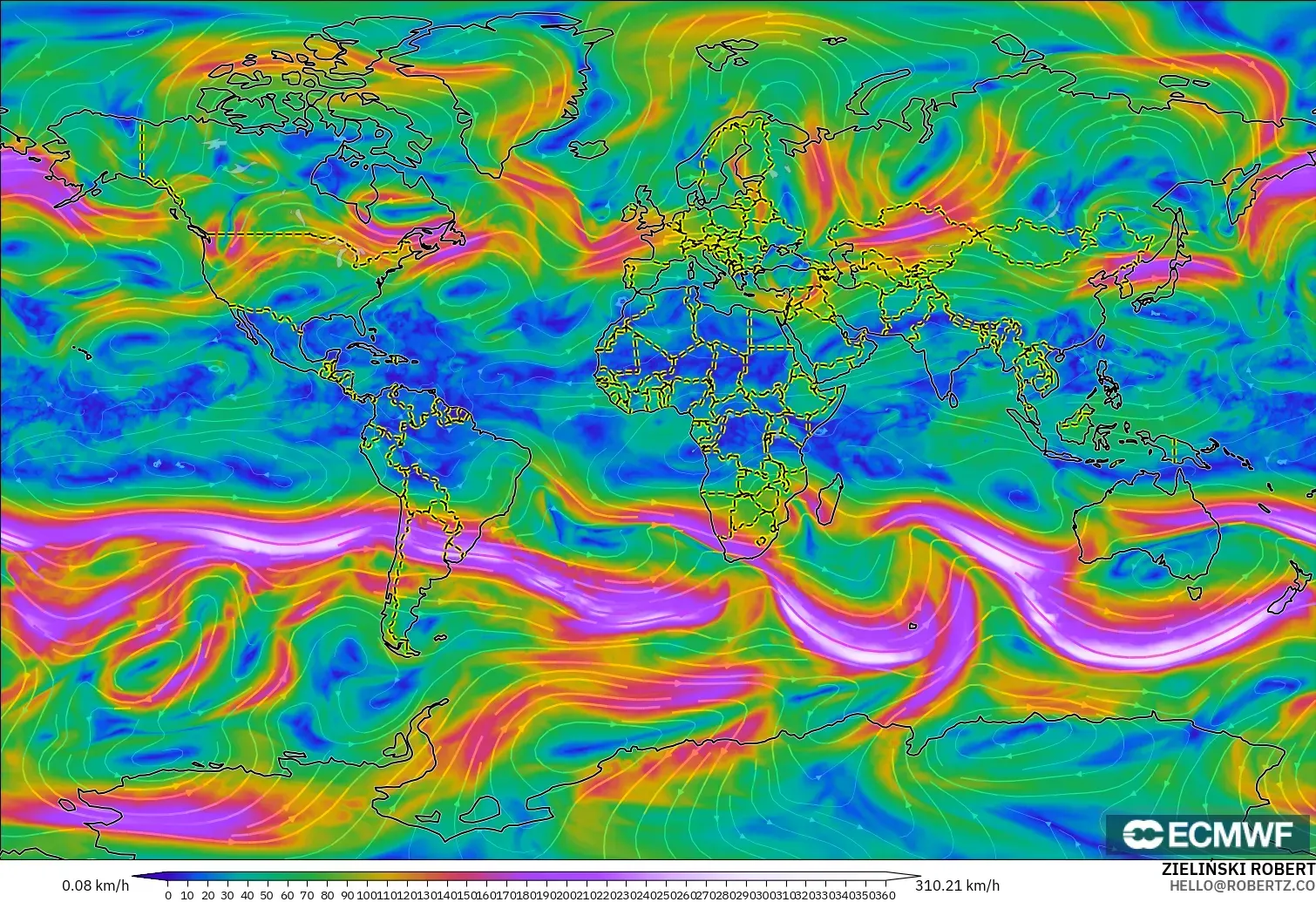 ECMWF IFS 0.25° model - World, Wind at 300hPa (jet stream)