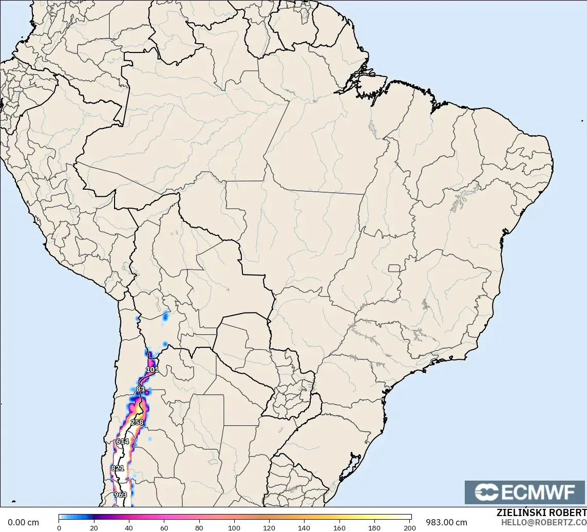 ECMWF IFS 0.25° model - Brazil, Snow Depth