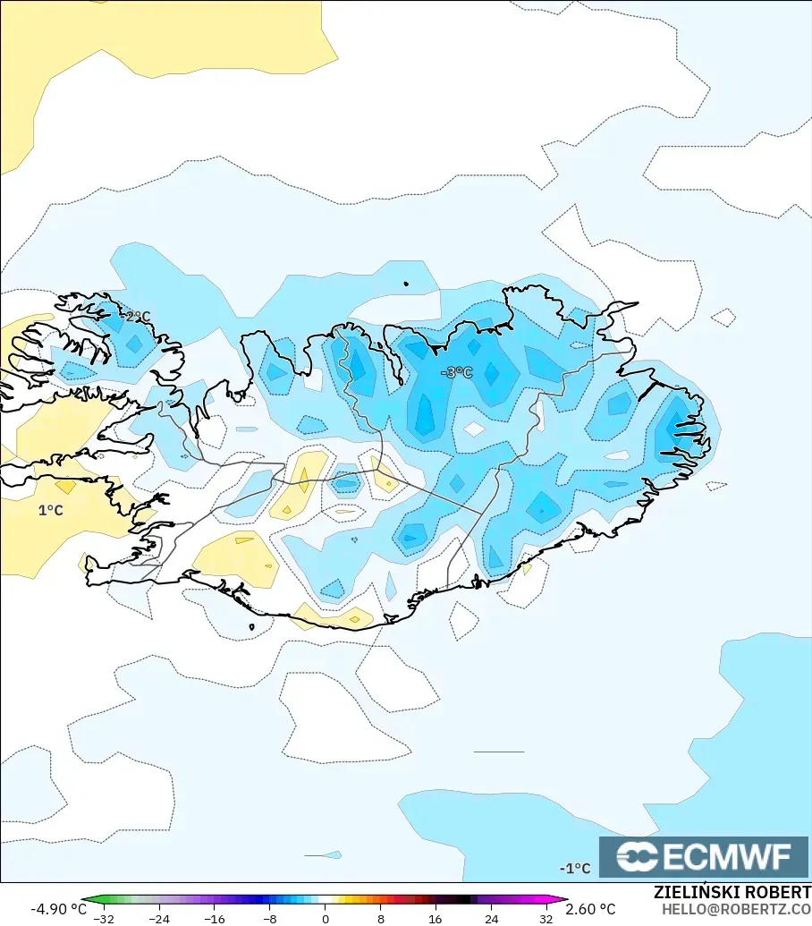ECMWF IFS 0.25° model - Iceland, Temperature at 2m Anomaly