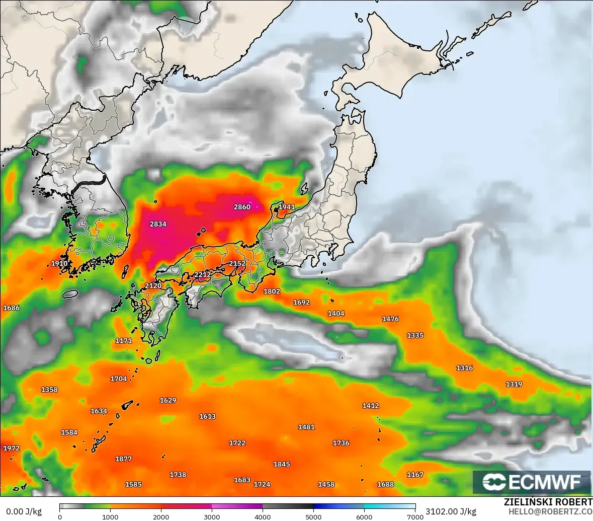 ECMWF IFS 0.25° model - Japan, CAPE