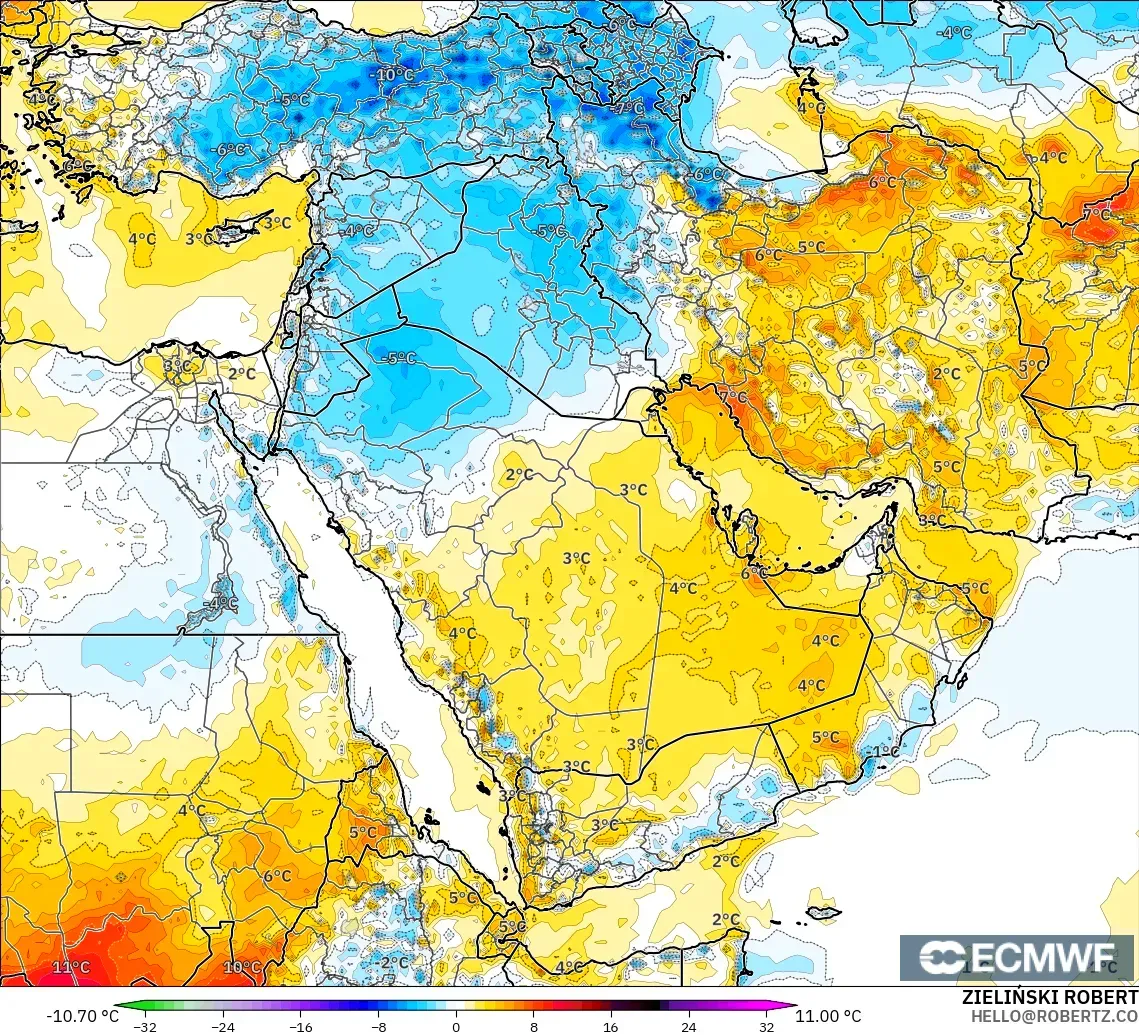 ECMWF IFS 0.25° model - Middle East, Temperature at 2m Anomaly