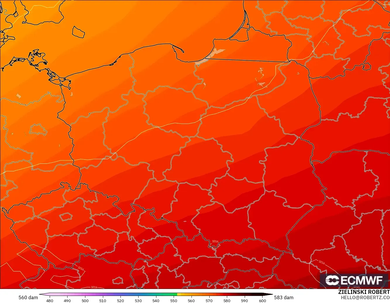 ECMWF IFS 0.25° model - Poland, Geopotential height at 500hPa