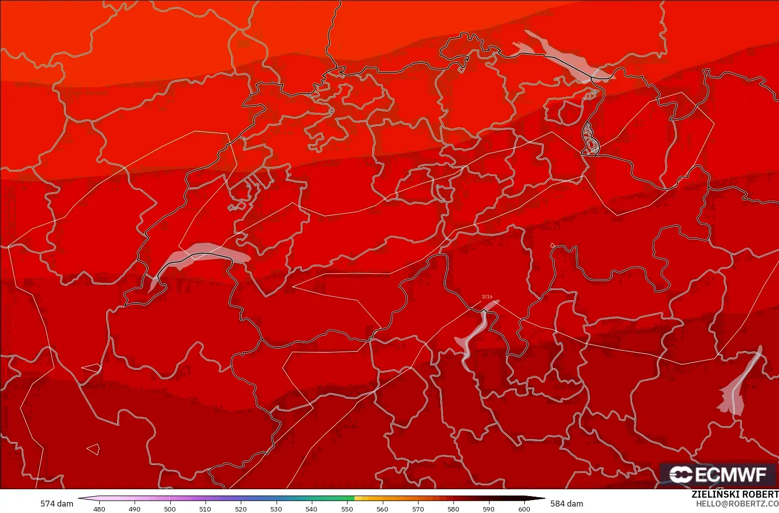 ECMWF IFS 0.25° model - Switzerland, Geopotential height at 500hPa