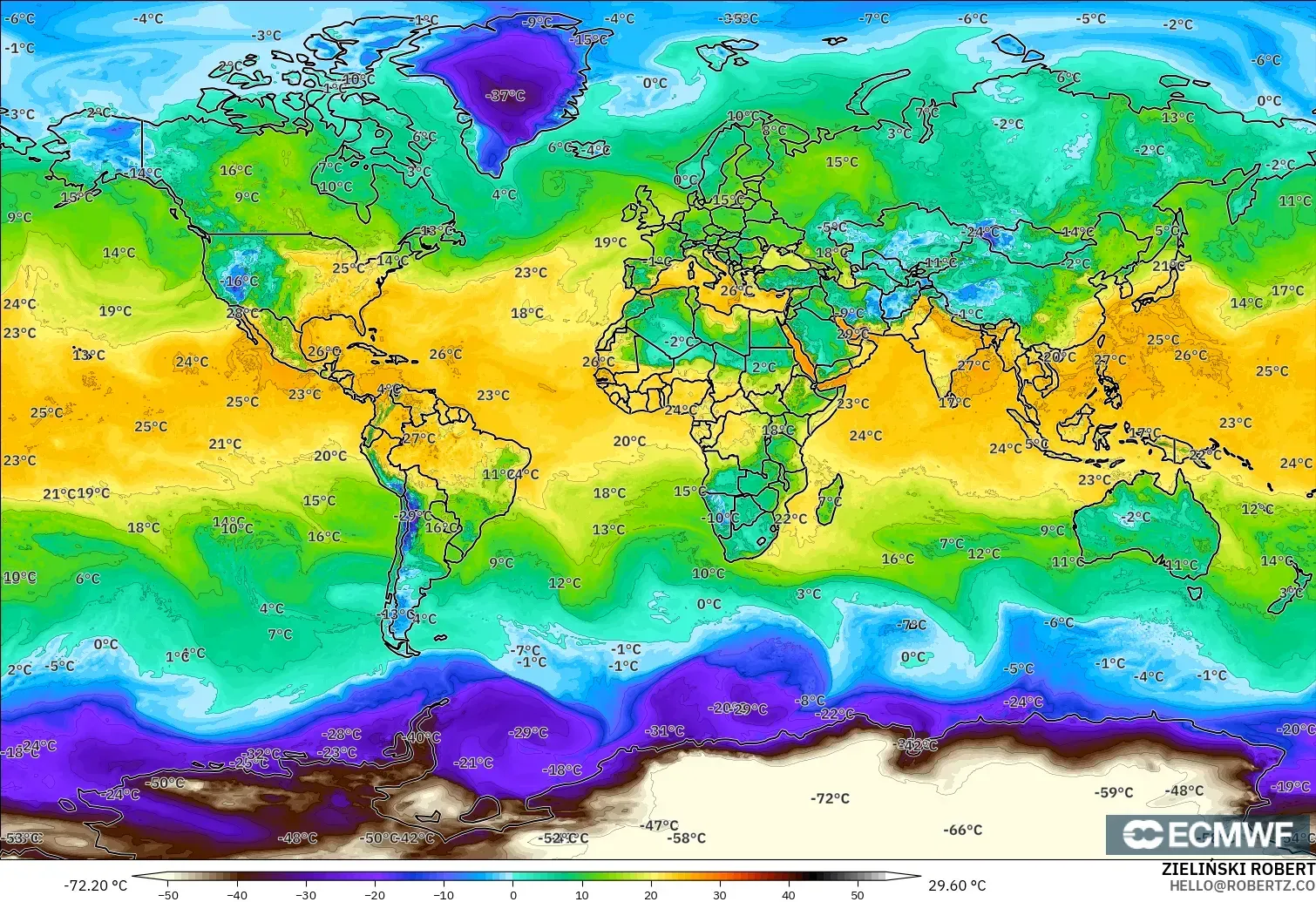 ECMWF IFS 0.25° model - World, Dewpoint at 2m