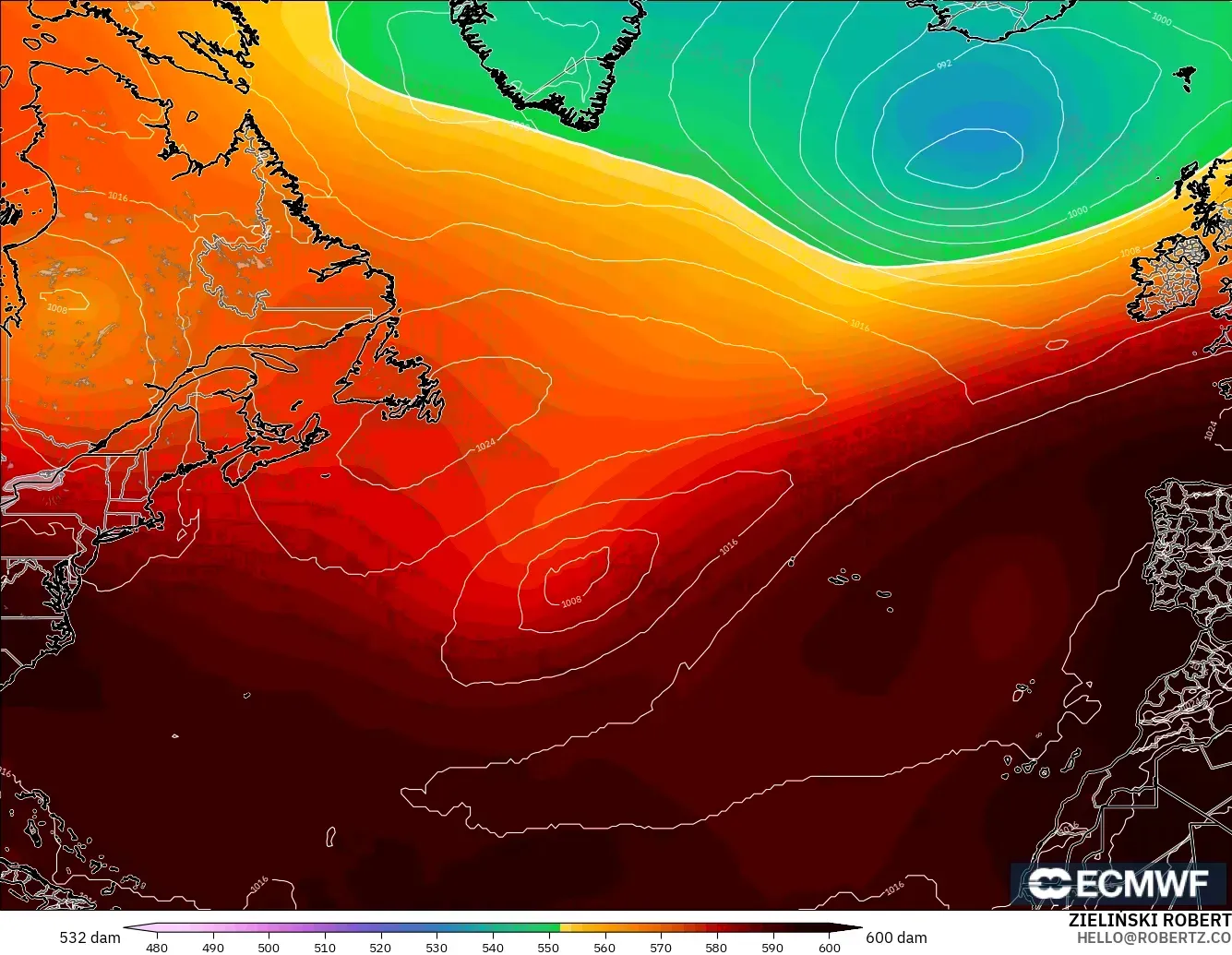 ECMWF IFS 0.25° model - North Atlantic, Geopotential height at 500hPa